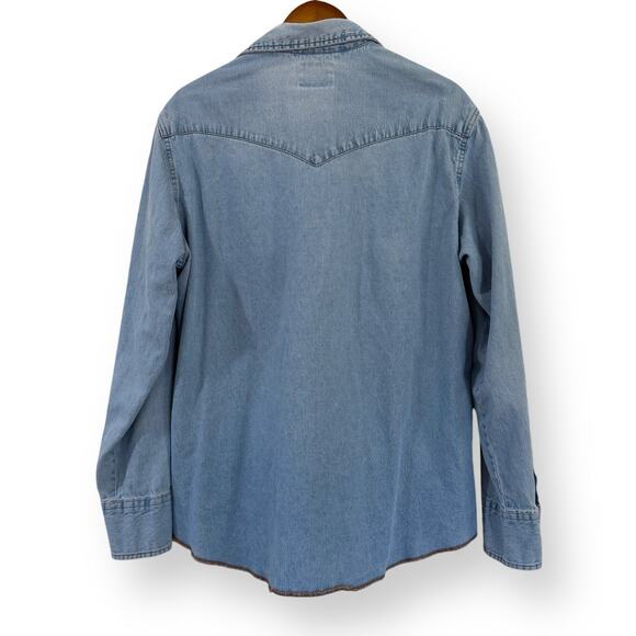 Wrangler 90s VTG Distressed Pearl Snap Denim Shirt Mens L Western Long Sleeve - Picture 10 of 16